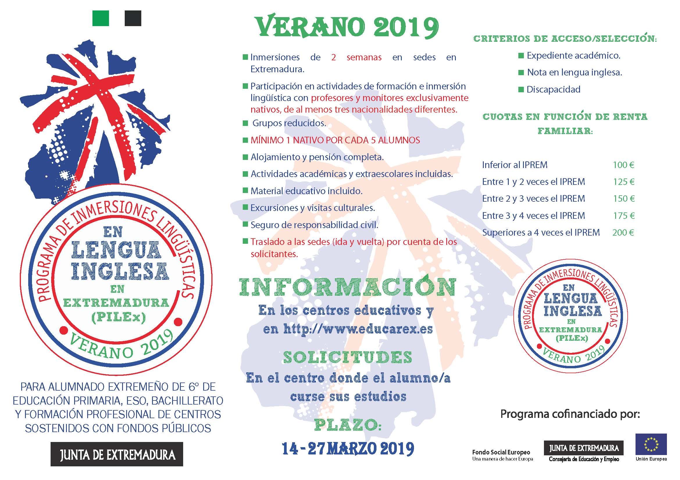 Triptico Programa inmersiones linguisticas alumnado extremeño PILEx verano 2019
