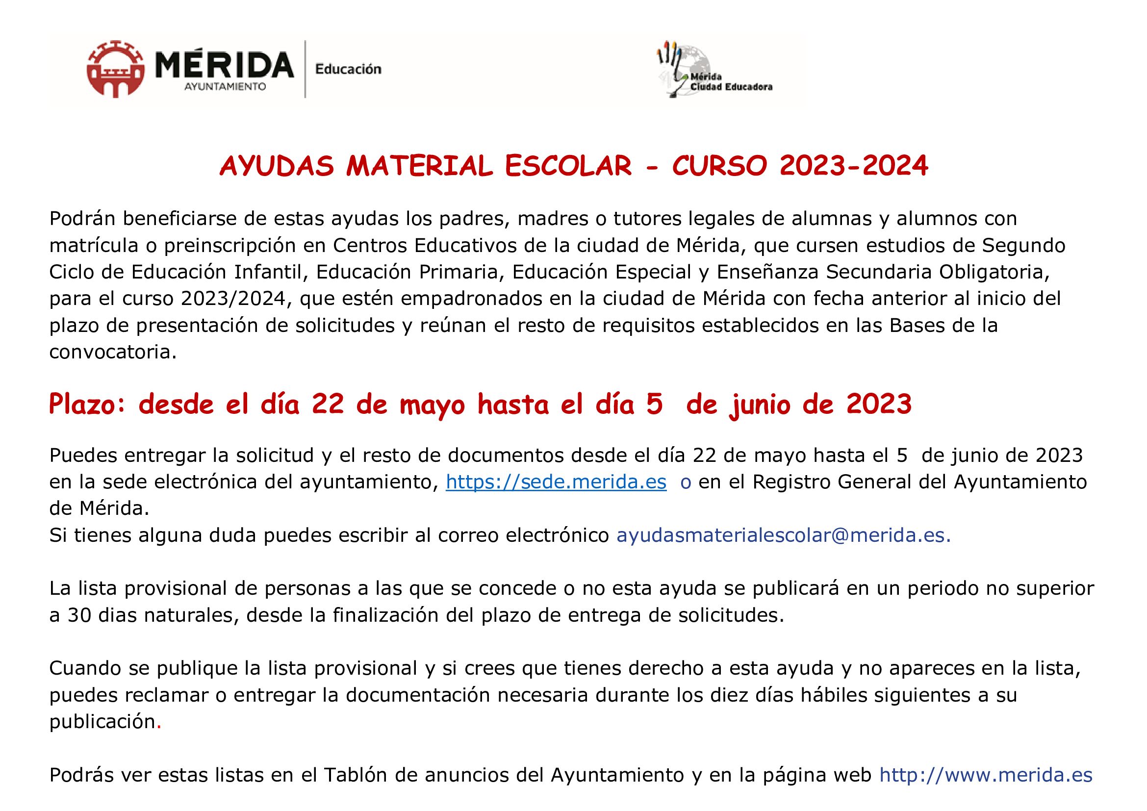 CARTEL AYUDAS MATERIAL ESCOLAR en A4 2023 2024